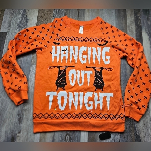 HALLOWEEN Ugly Sweater style Shirt Lights Up XS Orange Black Bats - Picture 1 of 9